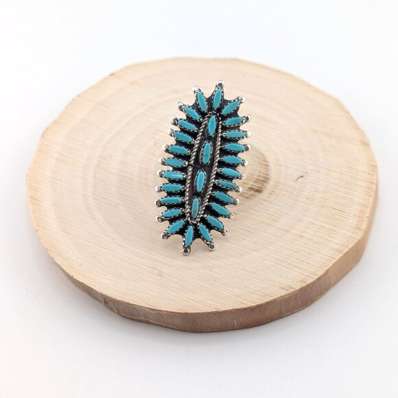 Zuni Needlepoint Turquoise Ring Native American Sterling Silver Jewelry Sz 7.75* - Picture 1 of 8